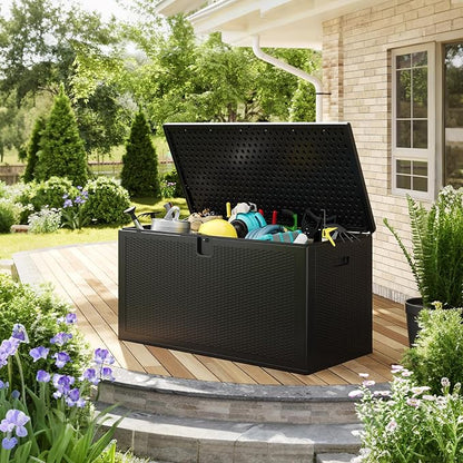 IDEALHOUSE 150 Gallon Resin Deck Box, Waterproof Outdoor Storage Box with Lockable Lid & UV Resistant, Patio Furniture Cushion Storage Container for Garden, Backyard, Poolside (Black)