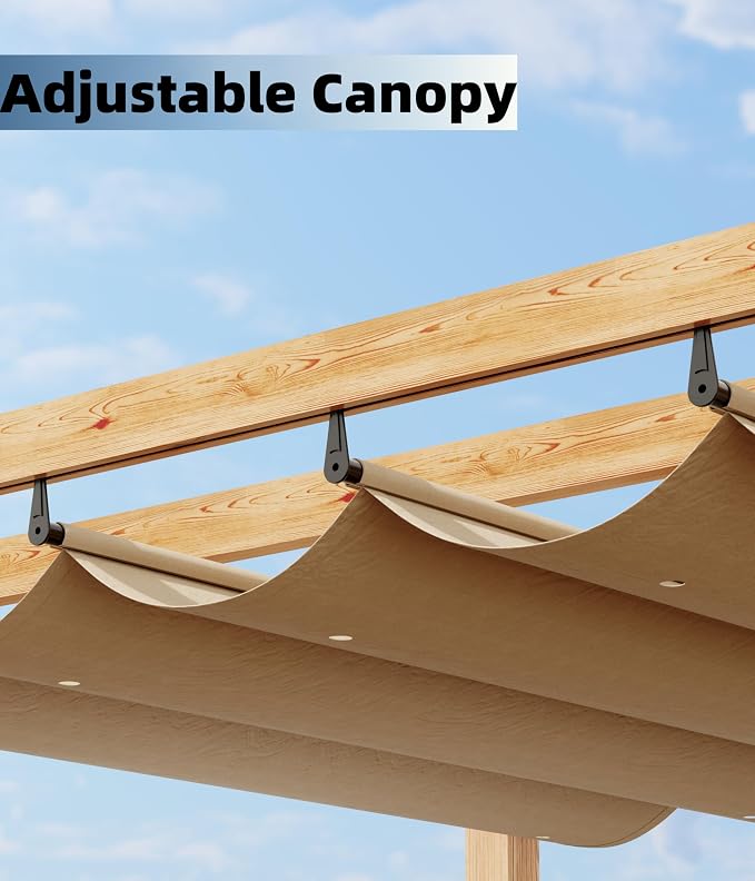 GarveeLife 10 x 13 ft Wood-Grain Aluminum Pergola Outdoor Pergola with Retractable Canopy Sun Shade Shelter for Garden, Patio, Backyard, Deck - Khaki