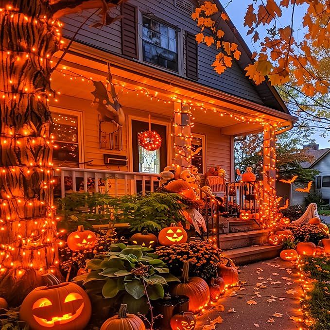 JMEXSUSS 600 LED Solar Halloween Lights, 206.7ft Solar String Lights Orange | Halloween Lights Outdoor Waterproof, 8 Modes Orange Halloween Lights for Outside Tree Patio Yard Halloween Decorations