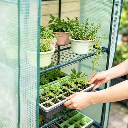 Worth Garden 4 Tier Mini Greenhouse - 63'' H x 27'' L x 19'' W - Sturdy Portable Gardening Shelves with Durable PE Cover w/ Roll-Up Zipper Door- Small Green House Indoor & Outdoor for Plants Flowers