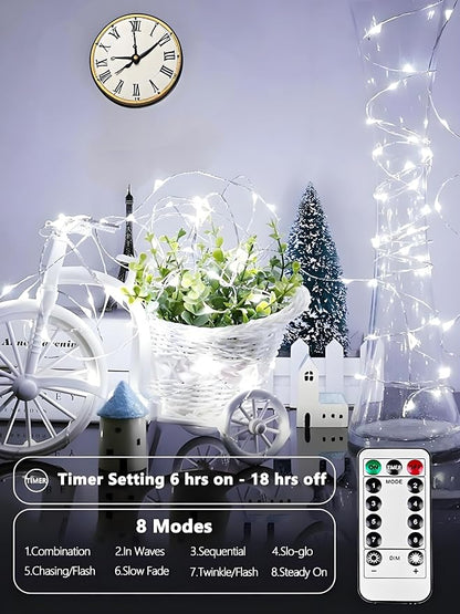 4 Pack Fairy Lights Battery Operated with Remote 33 FT 100 LED Cool White | Remote Control, 8 Modes, Timer, Adjustable brightness, Waterproof Lights for Indoor Outdoor Classroom Christmas Decor