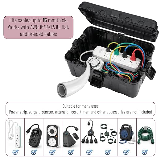 Bates- Large Outdoor Electrical Box, 12.5" x 8.5" x 5" Black | Waterproof Extension Cord Cover Weatherproof Protects Outlet Plug Socket Timer Power Strip Holiday Light Decoration