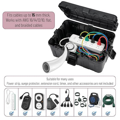 Bates- Large Outdoor Electrical Box, 12.5" x 8.5" x 5" Black | Waterproof Extension Cord Cover Weatherproof Protects Outlet Plug Socket Timer Power Strip Holiday Light Decoration