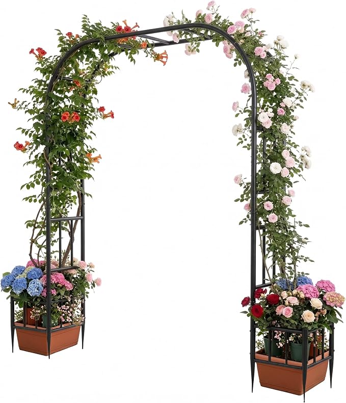 Garden Arch with Planter Boxes, Metal Arbor Trellis for Climbing Plants Outdoor, Heavy Duty Iron Archway for Wedding Ceremony Party Backyard Lawn Patio Decor, Black