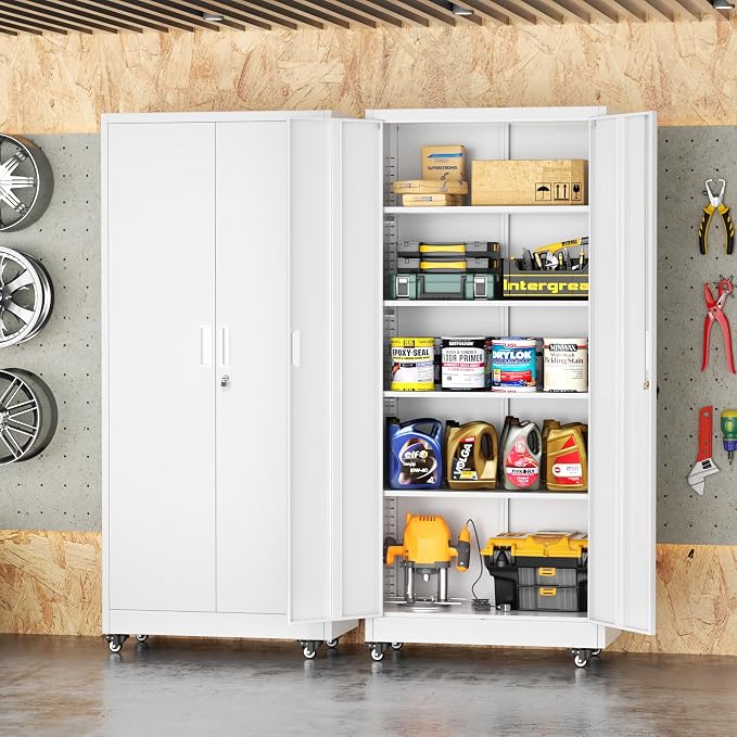 INTERGREAT Metal Garage Storage Cabinet with Wheels, Rolling Storage Cabinet with Locking Doors and 4 Adjustable Shelves,- 73" Steel Tool Cabinet for Home Office,Garage,Warehouse，White
