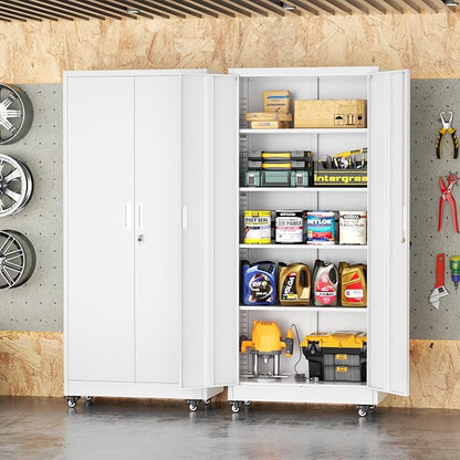 INTERGREAT Metal Garage Storage Cabinet with Wheels, Rolling Storage Cabinet with Locking Doors and 4 Adjustable Shelves,- 73" Steel Tool Cabinet for Home Office,Garage,Warehouse，White