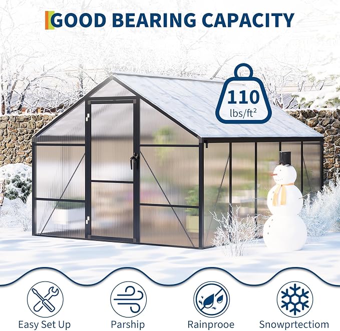 8x10 FT Greenhouse, Greenhouses for Outside, Polycarbonate Greenhouse with Aluminum Frame, Lockable Door and Ajustable Roof Vent for Backyard, Green Houses for Outside Garden Backyard, Patio