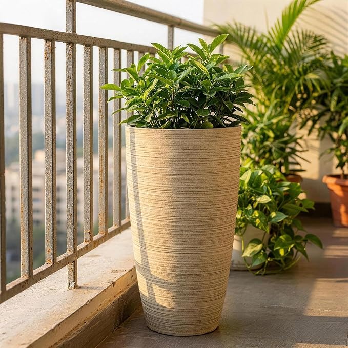 ZMTECH 2-Pack Large Tall Planters with Saucer - 6.8 Gallons /12x21 Inch Faux Stone Finish Round Flower Pots for Indoor Plants, Outdoor Patio & Porch Decor, Unbreakable Plant Containers Beige