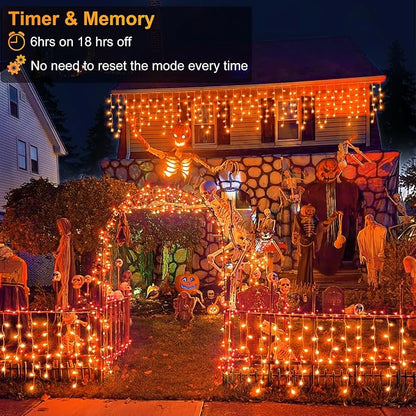 Orange Halloween Lights Outdoor Indoor, 66ft Icicle Lights for Outside, 640 LED Twinkle String Lights with 120 Drops Clear Wire Short Curtain Lights for Room Home Wall Bedroom Decor