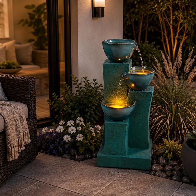 Teamson Home 28.54 in. 3-Tier Cascading Outdoor Water Fountain, Green | LED Lights, For Gardens, For Landscaping, For Patios, For Balconies