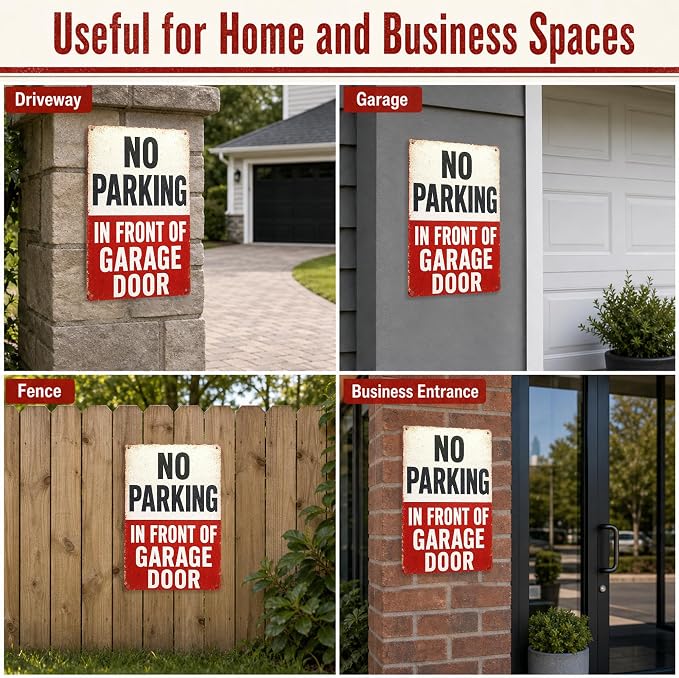 No Parking In Front of Garage Door Sign 12 x 8 Inch | Vintage Driveway Notice Sign for Garage, Carport, Gate, Workshop, Home Exterior Tin Sign Aluminum Metal Wall Decor