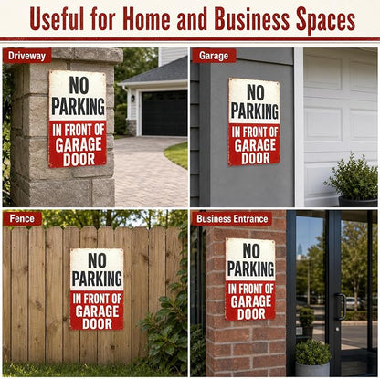 No Parking In Front of Garage Door Sign 12 x 8 Inch | Vintage Driveway Notice Sign for Garage, Carport, Gate, Workshop, Home Exterior Tin Sign Aluminum Metal Wall Decor
