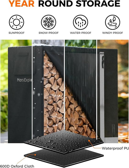5ft Firewood Log Rack with Cover Outdoor, Heavy Duty Indoor Outdoor Firewood Storage Rack with Cover Combo Set Black