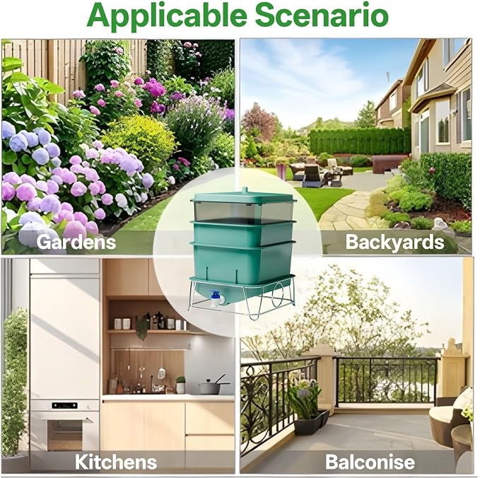 3-Tray 15L Worm Farm Composting Bin with Tool Set - Efficient Indoor/Outdoor Composter for Organic Waste Recycling, Beginner-Friendly Kit for Healthier Plants (Green)