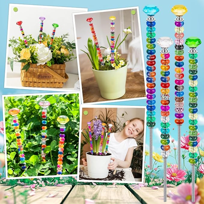 230 Pcs Beaded Garden Stakes DIY Fairy Wand Kit, 12 in | 200 Colorful Assortment Round Large Hole Beads, 10 Crystal Stopper Top, 10 Threaded Rod & 10 Nuts, Outdoor Decoration