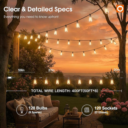 addlon 400FT(50FT*8) Outdoor String Lights for Outside Waterproof Patio Lights with Plastic ST38 LED Edison Bulbs Outdoor Lighting Extra Long for Backyard Bistro Porch Garden Pergola Party Decor