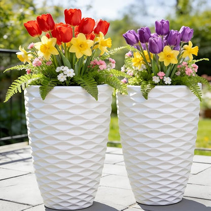 2-Pack 19" White Resin Tall Outdoor Planters with Wave Texture | High-density resin planters with Nordic wave texture, drainage holes, and weather-resistant finish for porch or patio