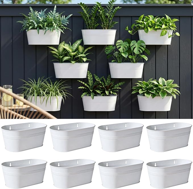 LaLaGreen Wall Planter (11.8 Inch, 8 Pack) White Oval Metal Pot Hanging Decor Flower Railing Fence Pots Mounted Indoor Plant Holder Porch Decorations Drainage Garden Plants Planters Balcony Home Yard
