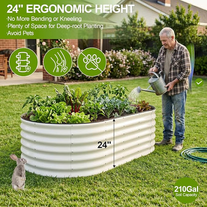 24" Tall Galvanized Raised Garden Bed Outdoor, 6x3x2ft Deep Metal Planter Box with Safety Edging & Support Bars, Large Oval Raised Beds for Gardening Plants Vegetables Herbs Flowers (White)