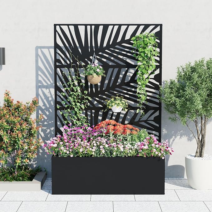 GarveeLife Metal Planter Box with Trellis, 71"x47"x16" Raised Garden Bed for Climbing Plants, Vegetables, Vines, Privacy Planters for Patio with Drainage Holes, 15.7" Deep Planting Bed