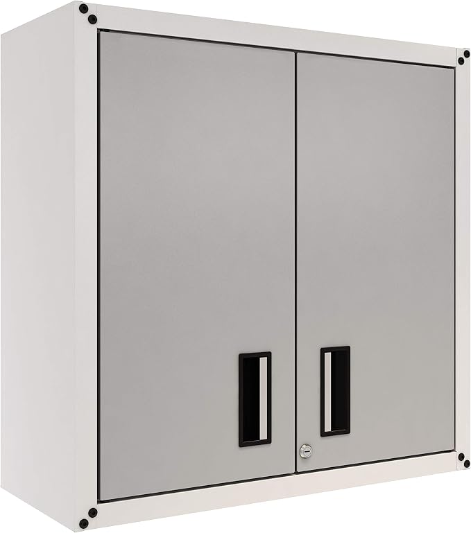 Floating Garage Storage Cabinet - Heavy-Duty Wall Mount Steel Cabinet, Lockable 2-Door Design, Removable Shelf, 44 lbs Capacity, Ready-to-Assemble Metal Garage Organizer (White and Grey)