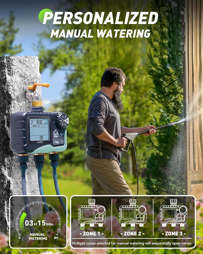 RAINPOINT 3 Zone Water Timer with Brass Inlet & Outlet, 3 Custom Watering Plans Sprinkler Timer, Featuring IP65 Waterproof,Rain Delay, Manual & Automatic Watering with Large LCD for Yard, 2026 Ver.