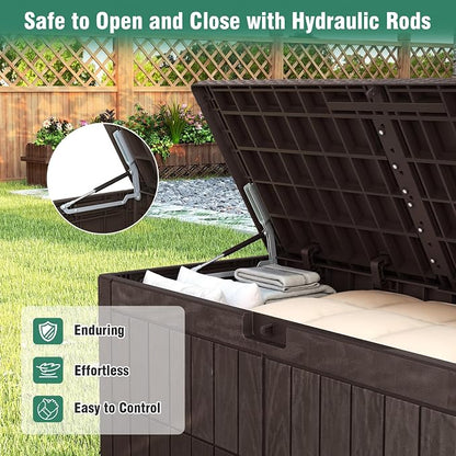 Tangkula 100 Gallon Outdoor Storage Box, Waterproof PP Resin Patio Storage Box with Lockable Lid for Indoor & Outdoor Use, 2-in-1 Rattan Design Deck Box for Cushions, Garden Tools