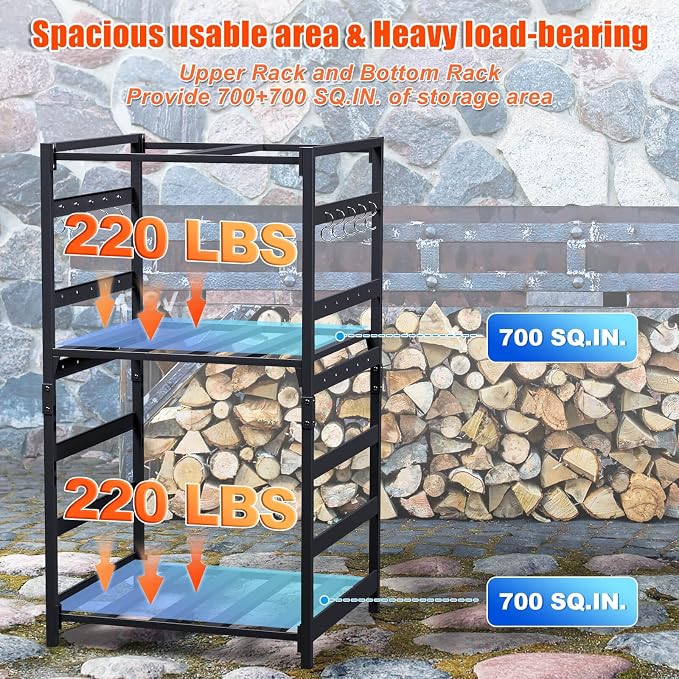 Hisencn Fire Pit Storage Station 4.5 ft for Solo Stove and Other Fire Pits, Outdoor Firewood Rack with Waterproof Cover, Adjustable Shelf Wood Storage Cabinet for Logs and Fire Pit Accessories