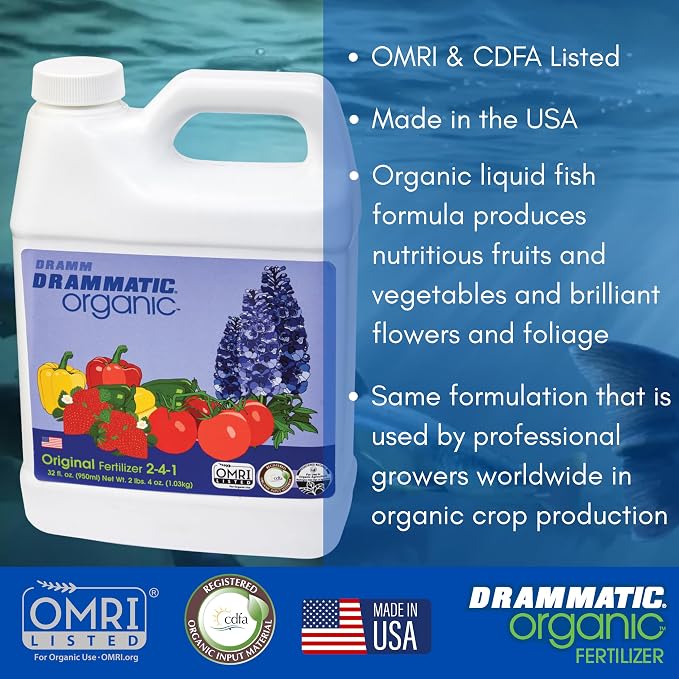 Drammatic® Organic™ Original Fertilizer 2-4-1, Hydrolyzed Liquid Fish Fertilizer for Vegetables, Flowers, and Fruits, 1 Quart (32 Ounces), OMRI Listed