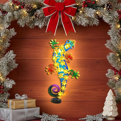 Metal Lizards Outdoor Decor Metal Gecko Wall Decoration with 30 Led Solar Lights- 17.7" Fence Wall Art, Gift for Mom Grandma Women Birthday Gardening,Geico Lizard for Garden Patio Porch Yard