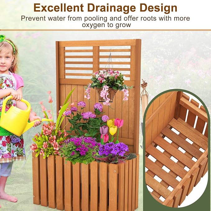 HAPPYGRILL Raised Garden Bed, Wooden Planter w/Trellis & Privacy Screen for Hanging Pot Plants, Outdoor Elevated Planter Box w/Slatted Bottom & 2 Side Hooks for Balcony Patio Garden (2)
