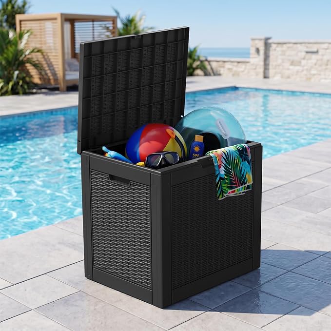 Outdoor Storage Box, 30 Gallon Resin Deck Boxes Outdoor Waterproof For Patio Furniture, Garden Tools, Pool Supplies, Lockable And UV Resistant (Rattan Black)