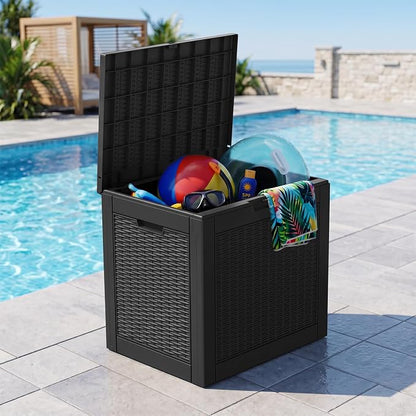 Outdoor Storage Box, 31 Gallon Resin Deck Boxes Outdoor Waterproof For Patio Furniture, Garden Tools, Pool Supplies, Lockable And UV Resistant (Rattan Black)
