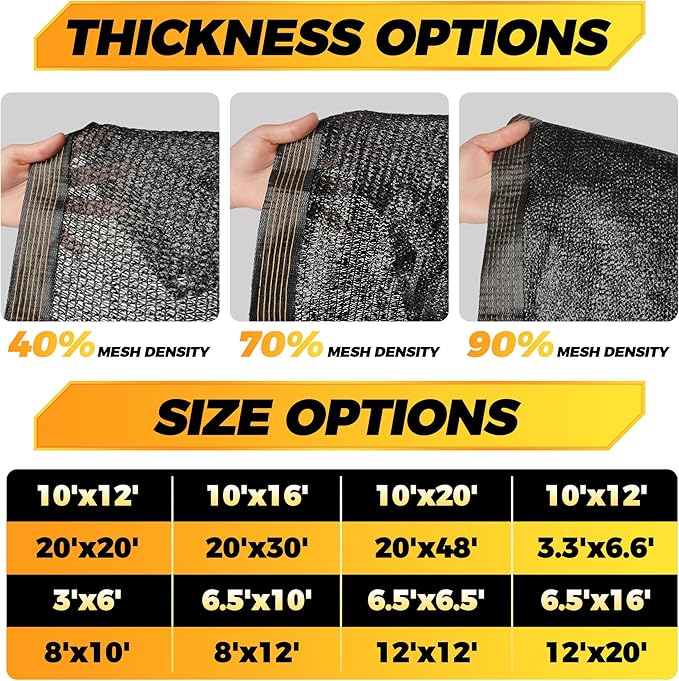 JOJOLEE 70% Sun Shade Cloth, 12x12FT Shade Net Mesh Tarp with Grommets, Black Sunblock Cover for Outdoor Patio Plants, Pergola, Greenhouse, Chicken Coop, Backyard, Balcony