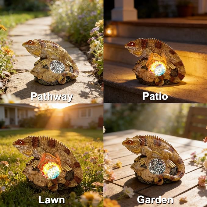 Solar Iguana Garden Statues Decor for Outdoor, Khaki Iguana Figurine Lights for Lawn Patio Yard Decoration - Unique Christmas Housewarming Gifts for Grandma Wowen Mom