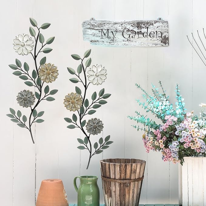 MorningRo 2 Pcs Metal Flower Leaves Wall Art Spring Wall Decor Living Room, 15.75 Inch Vintage Rustic Branch Leaf Wrought Iron Scroll Art Decor for Summer Bedroom Indoor Outdoor Decorations(Green)