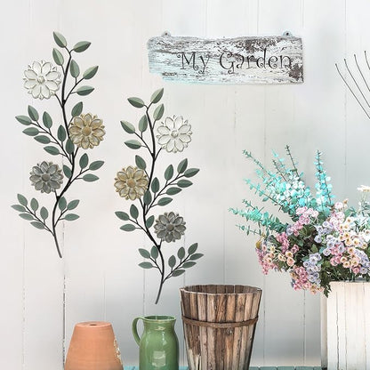 MorningRo 2 Pcs Metal Flower Leaves Wall Art Spring Wall Decor Living Room, 15.75 Inch Vintage Rustic Branch Leaf Wrought Iron Scroll Art Decor for Summer Bedroom Indoor Outdoor Decorations(Green)
