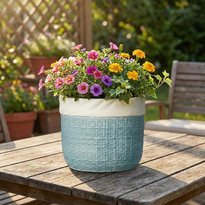 Ceramic Planter - 8 Inch Plant Pot for Indoor Outdoor Plants, Boho Planters with Drainage Hole and Plug, Round Decorative Flower Pots, Garden Home Office Decor, Plant Lover Gifts, Blue