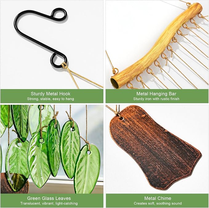 YU FENG Glass Wind Chime, Green Leaf Hanging Decor for Garden & Patio | Handcrafted leaf design, iron wood-look hanging bar, metal chime accents, window hanging ornament, outdoor home decoration