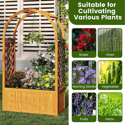 HAPPYGRILL Raised Garden Bed with Trellis, Wooden Elevated Planter Box w/Ached Roof & Detachable Bottom Panels, Liner, Drainage, Indoor Outdoor Wood Planter for Climbing Plants Vine Flower (2)