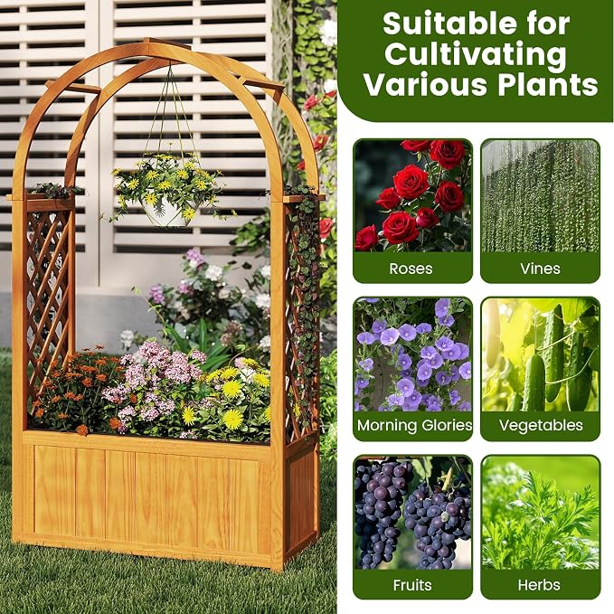 HAPPYGRILL Raised Garden Bed with Trellis, Wooden Elevated Planter Box w/Ached Roof & Detachable Bottom Panels, Liner, Drainage, Indoor Outdoor Wood Planter for Climbing Plants Vine Flower (1)