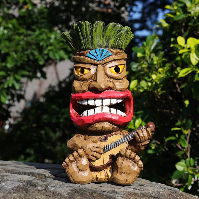 Solar Tiki Statue Outdoor Decor-Garden Guitar Tiki Statues-Tiki Bar Decorations for Outdoor Patio Yard Lawn Balcony Bar Party,Waterproof Garden Sculpture 10.35 Inch Tall