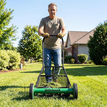 IRONMAX 18 Inch 5-Blade Push Reel Lawn Mower, 9-Level Adjustable Cutting Heights, Removable Grass Catcher, Lightweight No Motor Walk-Behind Manual Grass Cutter for Garden Yard Park (Green, 18 Inch)