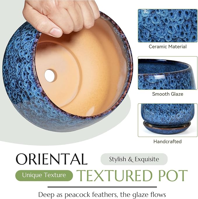 10.3 Inch Flower pots for Indoor Outdoor Plants with Saucer Drainage Leak-Proof Mesh, Ceramic Planter with Gardening Gloves for Succulent and Flower (Peacock Blue)