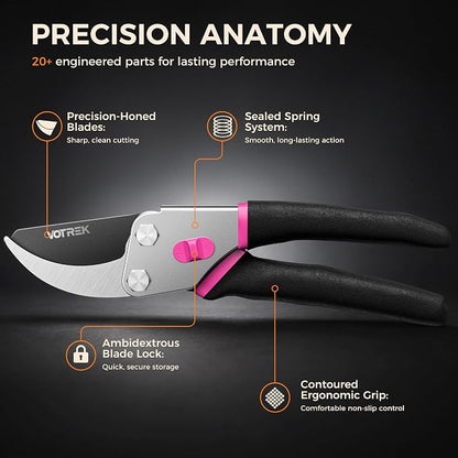 VOTREK® Pruning Shears, 8.5” Professional Garden Pruner with Jam-Proof Spring & Ever-Sharp SK5 Blade, Ergonomic Bypass Clippers for Rose, Tree, Heavy Duty Bonsai Scissor for Weak Hand