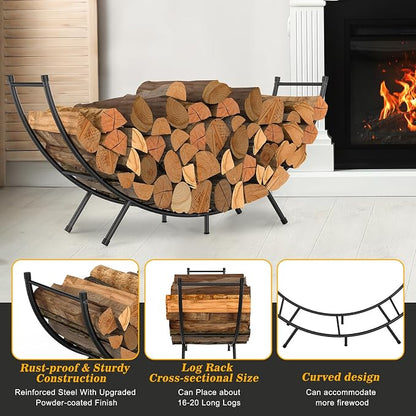 NANANARDOSO Curved Firewood Rack，48 inches Powder-coated Metal Fireplace Log Holder for Firewood Storage，Ideal for Indoor and Outdoor Fireplaces Wood Storage