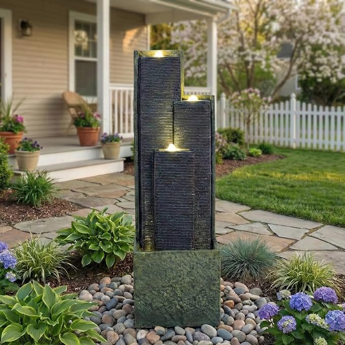 40 Inch Outdoor Water Fountain with LED Light, Modern Cascading Freestanding Resin Waterfall Feature, Tall Garden Decor for Patio Porch Lawn Backyard
