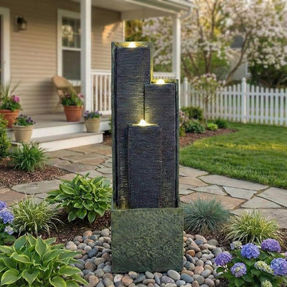 40 Inch Outdoor Water Fountain with LED Light, Modern Cascading Freestanding Resin Waterfall Feature, Tall Garden Decor for Patio Porch Lawn Backyard
