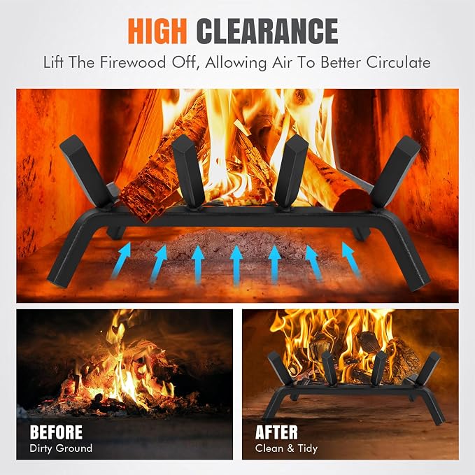 INNO STAGE Fireplace Grates with Ember Retainer - 14 Inch Fireplace Log Grate, Firewood Wood Log Holder Rack,Inside Wrought Cast Iron Fire Grate for Hearth Indoor Outdoor Camping