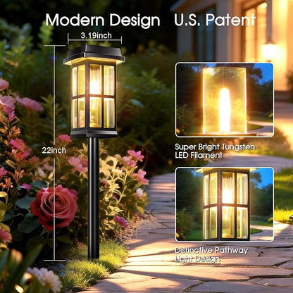 Garpar Solar Pathway Lights Outdoor 8 Pack, Window-Style with Metal Pole | 3500K Warm White, 2 Lighting Modes, Up to 18hrs Runtime, IP65 Waterproof, Ideal for Yard, Walkway, Driveway, Patio